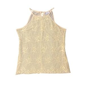 New York & Company Yellow Lace Sleeveless‎ Top Women's Medium Tie Back Keyhole